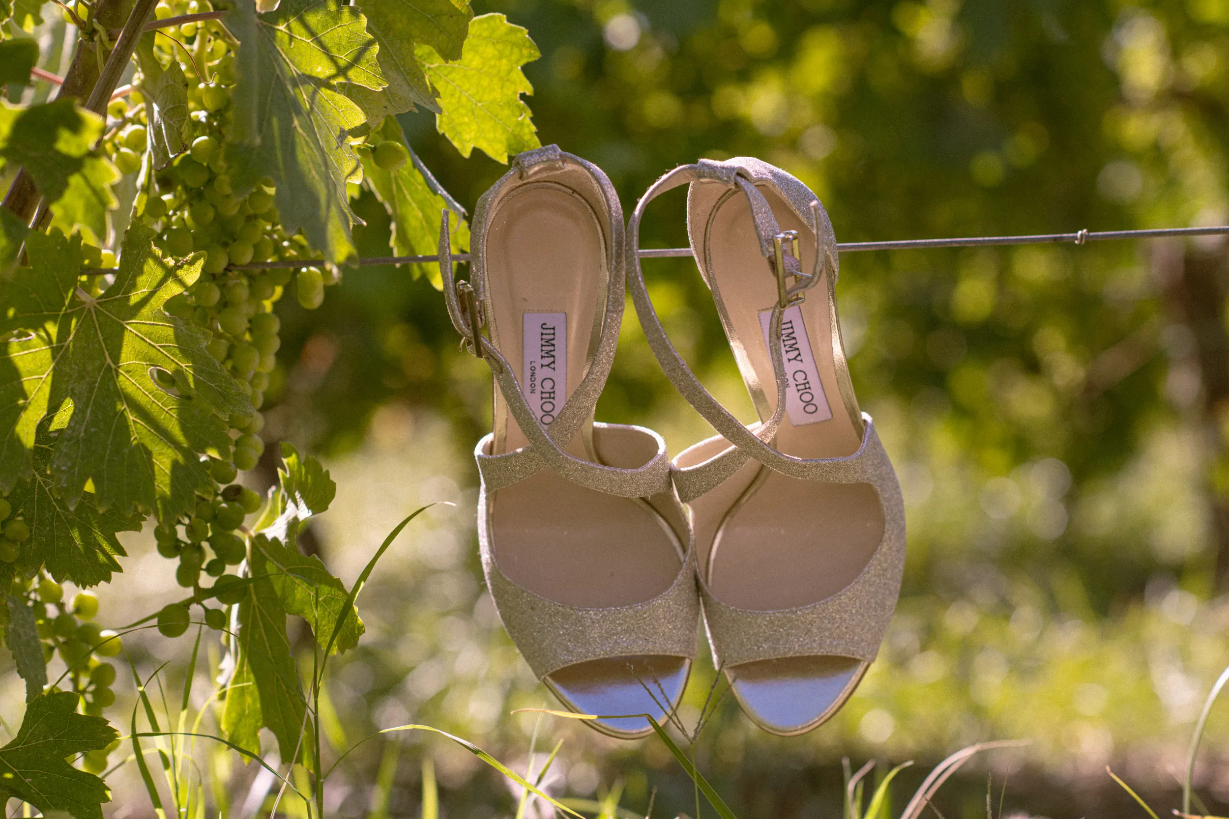 Bridal shoes hanging in the vineyard, very artistic wedding photography