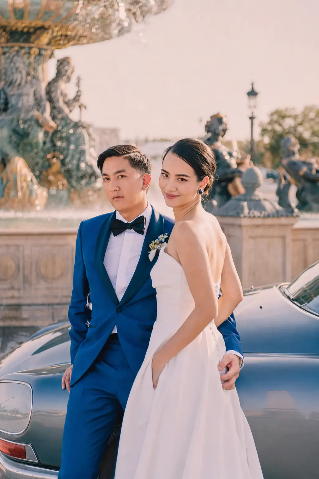 Bride and groom portrait in Paris with an elegant fountain and classic car